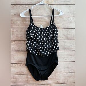 INCHES AWAY BY LONGITUDE ONE PIECE SWIMSUIT IN BLACK AND WHITE POLKA DOTS